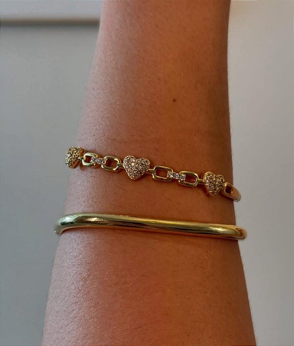 BRACELETE DOURADO CORAÇÃO COM ELO CRAVEJADO