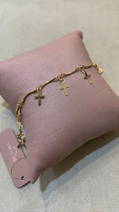 PULSEIRA CRUCIFIXOS PENDURADOS BANHO OURO