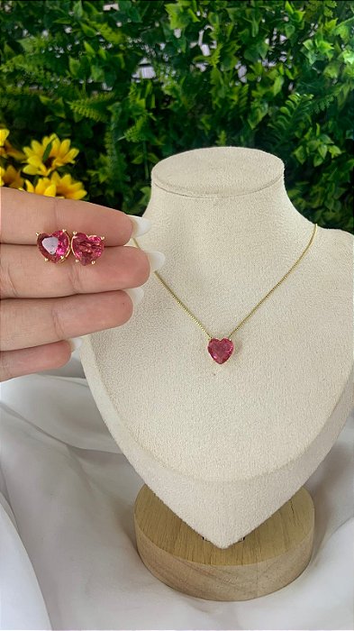 CONJUNTO CORAÇÃO ROSA DOURADO