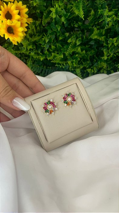 BRINCO FLOR COLORS DOURADO