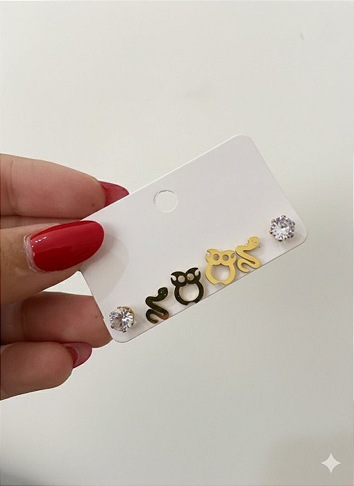 BRINCO DOURADO TRIO CORUJA, ZIRCÔNIA E COBRA AÇO INOX