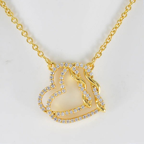 COLAR CORAÇÃO PINGENTE DUPLO CRAVEJADO