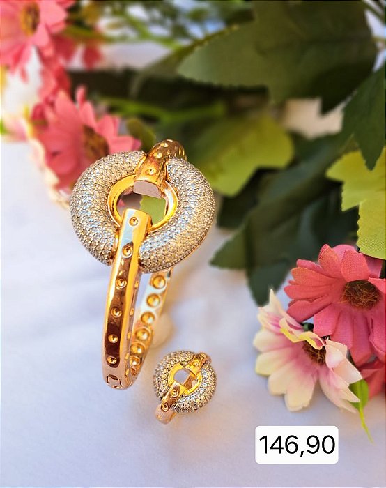 CONJUNTO DOURADO ANEL E BRACELETE CRAVEJADO