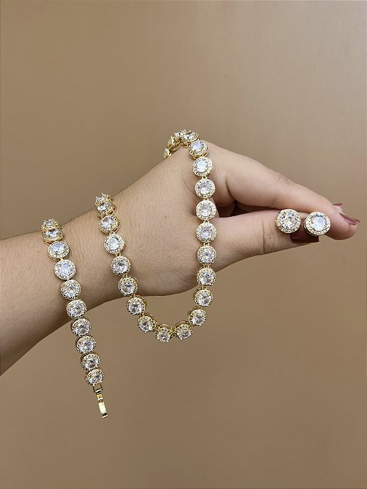 CONJUNTO INSPIRAÇÃO COM ZIRCÔNIAS OURO - G (BRINCO E COLAR)