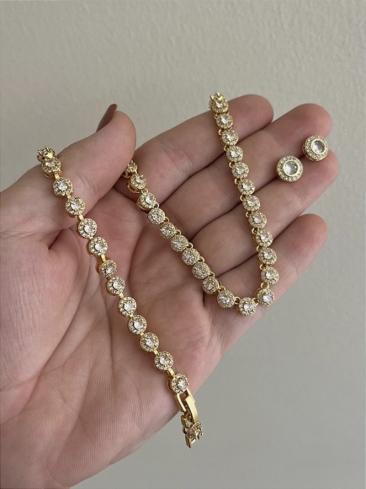 CONJUNTO INSPIRAÇÃO COM ZIRCÔNIAS OURO (BRINCO E COLAR)