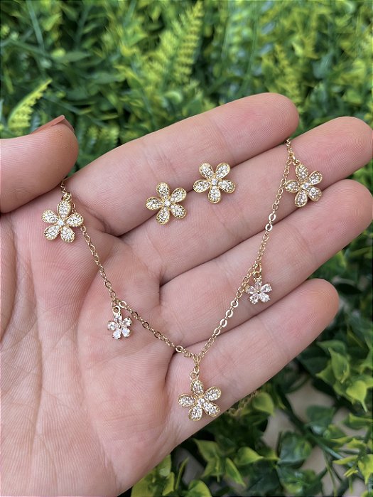CONJUNTO FLORES PENDURADAS OURO