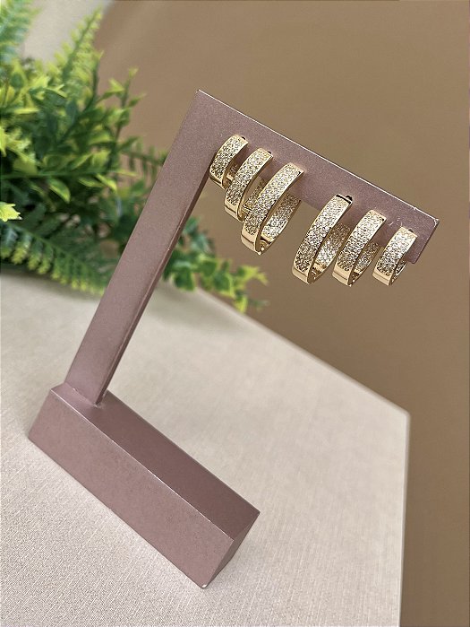 Trio argolas cravejadas ouro