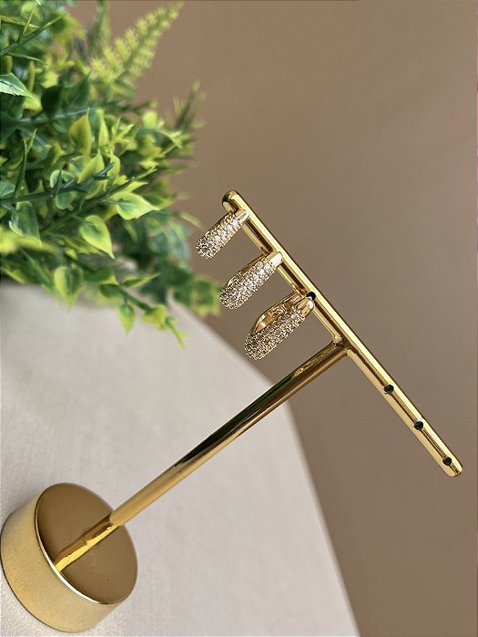 Trio argolinhas triangular cravejadas ouro