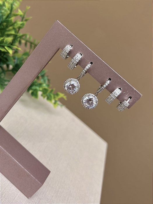 Trio argolinhas com ponto de luz rodio