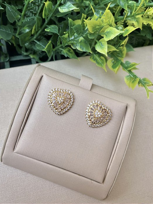 Brinco Coração pizza cravejado ouro