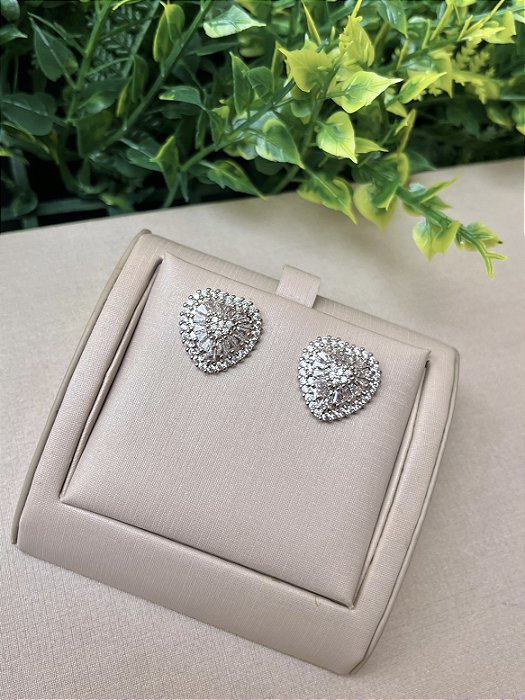 Brinco Coração pizza cravejado rodio