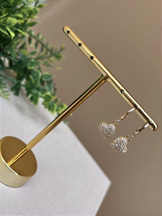 Brinco argolinha coração cravejado ouro