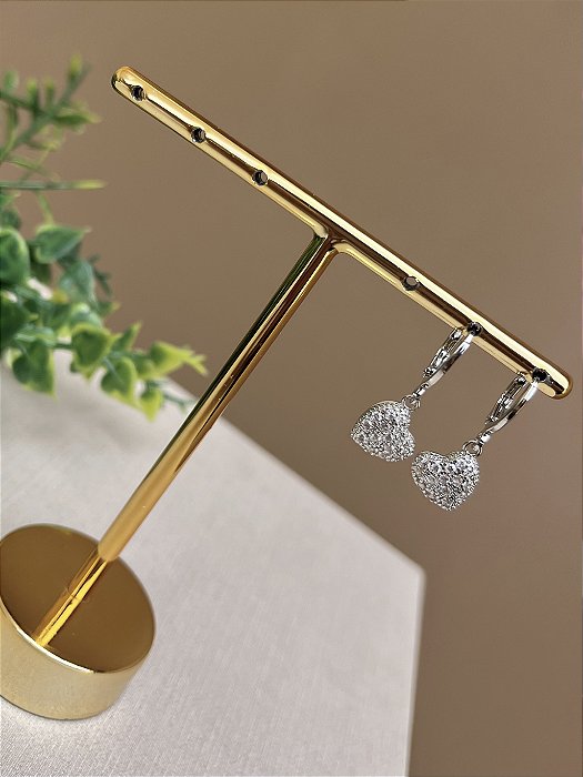 Brinco argolinha coração cravejado rodio