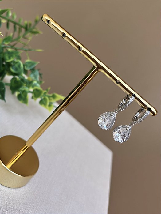 Brinco argolinha gota cravejada rodio