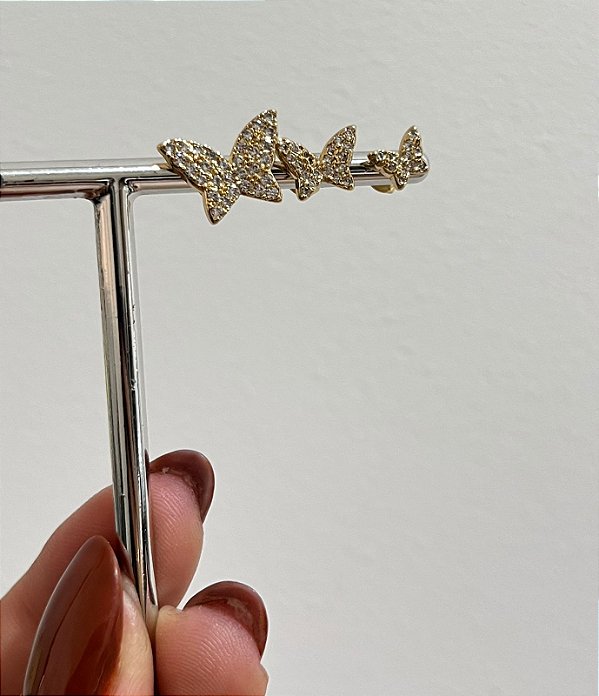 TRIO DE BRINCOS BORBOLETAS CRAVEJADAS OURO