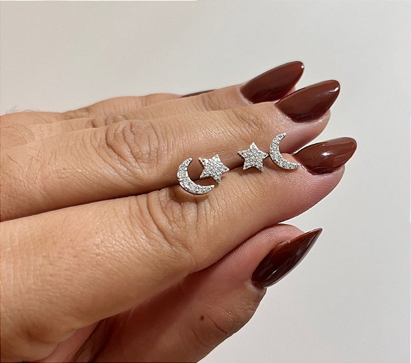 Brinco Dupla estrela e lua rodio