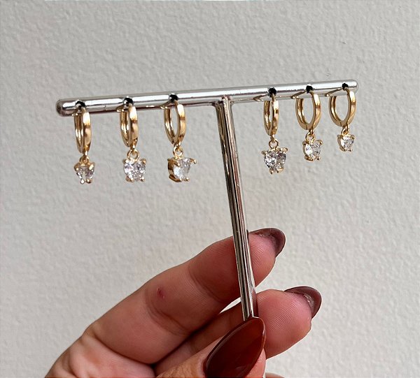 TRIO DE BRINCOS ARGOLINHAS CLIC CORAÇÃO ZIRCONIAS OURO