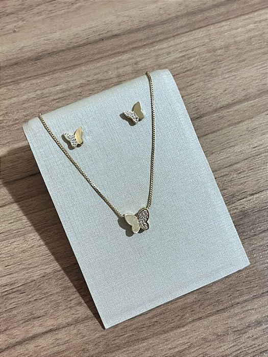 CONJUNTO BORBOLETA METADE CRAVEJADA OURO