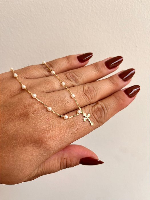 PULSEIRA CRUCIFIXO COM PÉROLAS