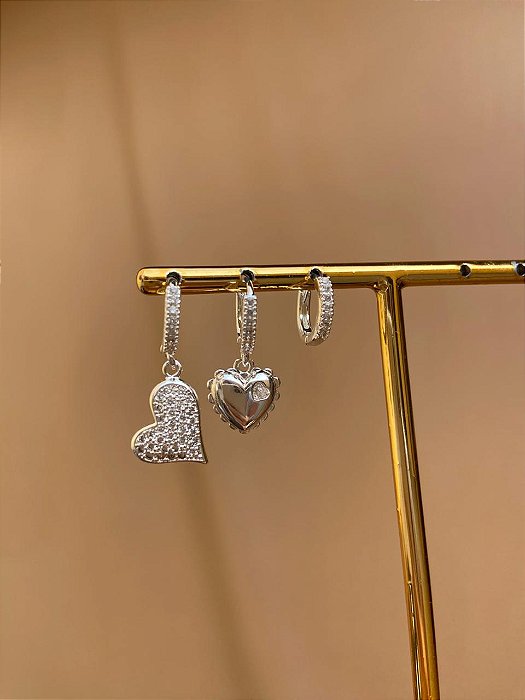 TRIO DE ARGOLINHAS CLIC CORAÇÕES PRATA