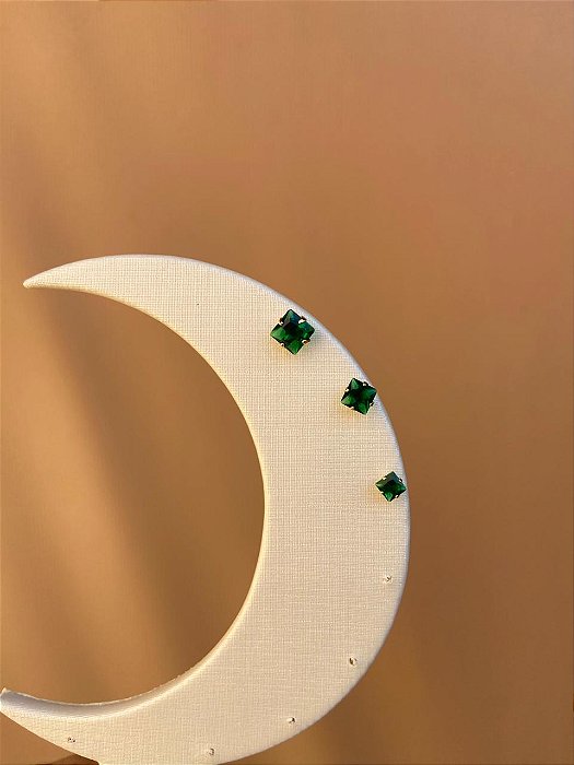 TRIO DE BRINCOS QUADRADOS COR ESMERALDA