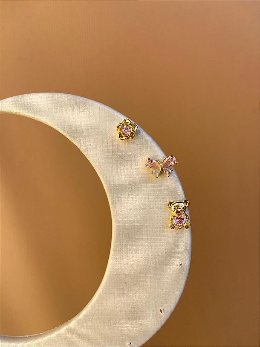 TRIO DE BRINCOS INFANTIL ROSA