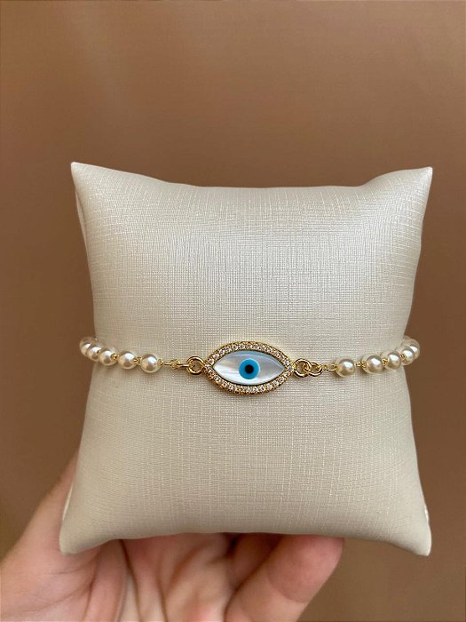 PULSEIRA OLHO GREGO MADREPÉROLA COM PÉROLAS