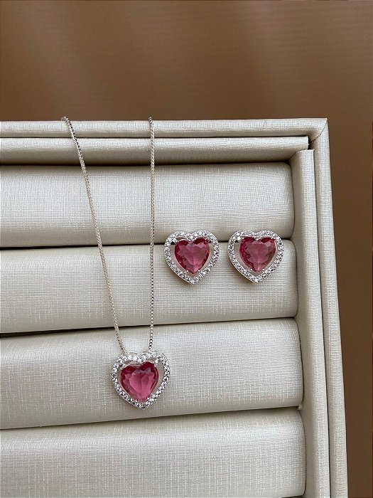 CONJUNTO PRATA CORAÇÃO CRAV PEDRA PINK