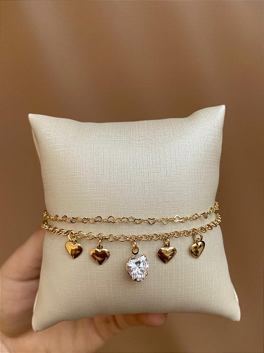 PULSEIRA DUPLA CORAÇÕES LISOS E CORAÇÃO ZIRCONIA