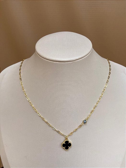 COLAR TREVO PRETO VAN CLEEF 40CM