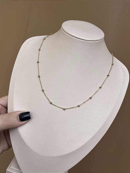 COLAR CADEADINHO COM BOLINHAS AÇO INOX DOURADO