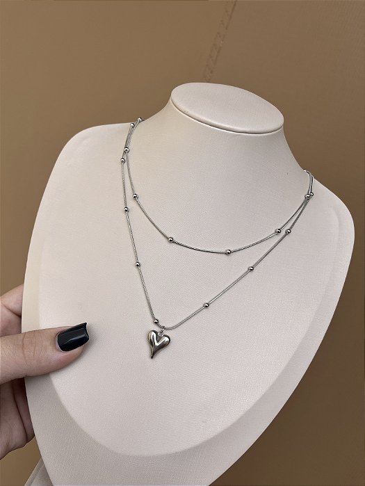 COLAR AÇO INOX BOLINHAS COM CORAÇÃO