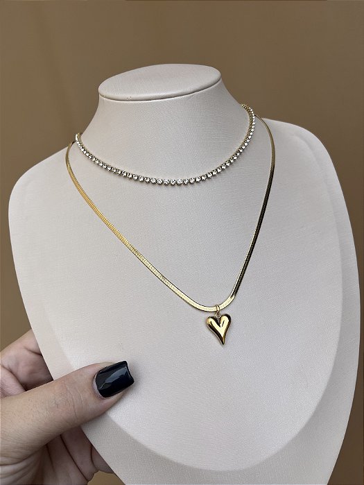 COLAR DUPLO FITA COM RIVIERA AÇO INOX