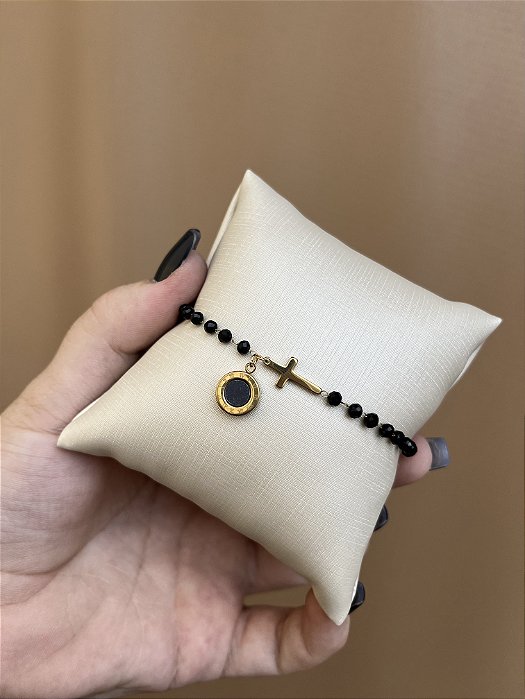 PULSEIRA AÇO INOX PEDRAS COM CRUCIFIXO