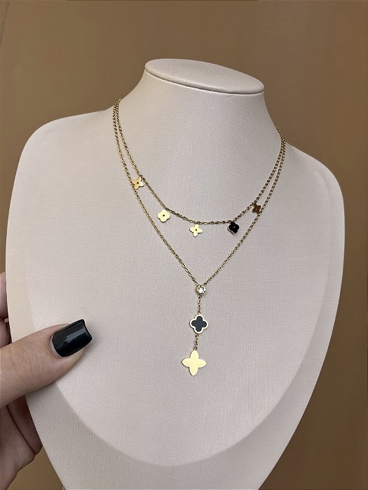 COLAR AÇO INOX DUPLO VAN CLEEF PRETO