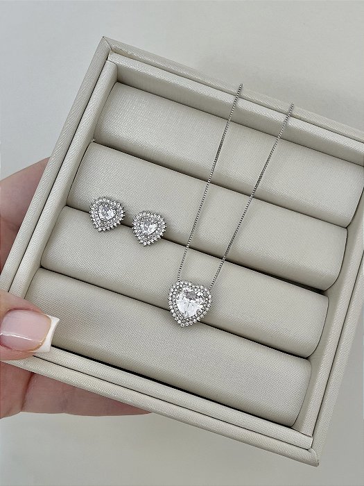 Conjunto coração crav G - Cristal