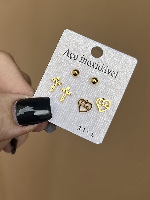 TRIO DE BRINCOS PINO CORAÇÃO JESUS DOURADO