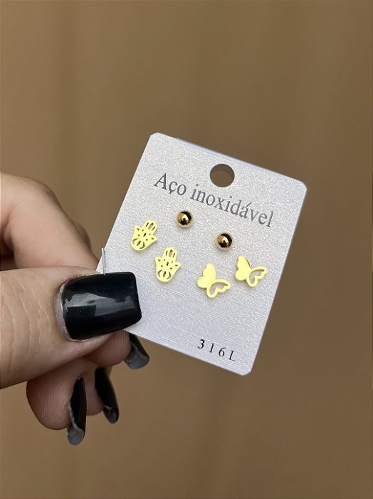 TRIO DE BRINCOS PINO BORBOLETA E MÃO DE FÁTIMA DOURADO