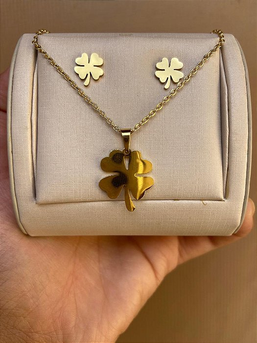 CONJUNTO TREVO DE 4 FOLHAS AÇO INOX