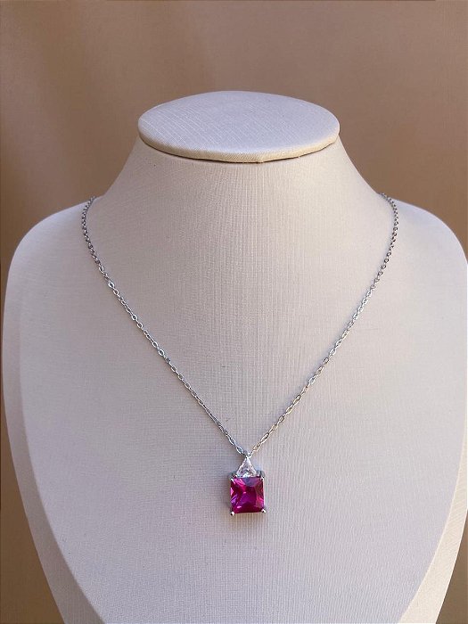 COLAR QUADR ROSA PINK PRATA 925