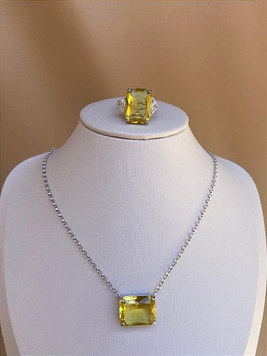 CONJUNTO QUAD CITRINO COLAR E ANEL PRATA 925