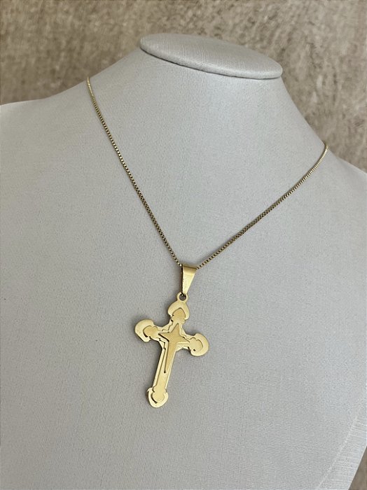 COLAR CRUZ 3D AÇO DOURADO