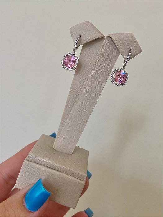 BRINCO ARGOLINHA PINGENTE QUADRADO CRAV ROSA BEBE