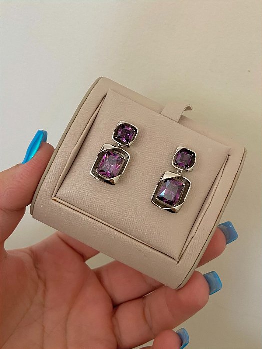 BRINCO PEDRA ROXA DUPLA RETANGULAR