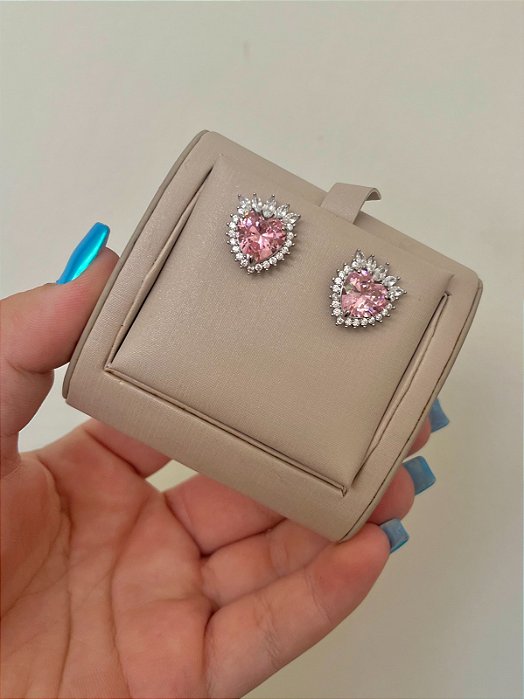 BRINCO CORAÇÃO CRISTAIS NAVETE ROSA BEBE