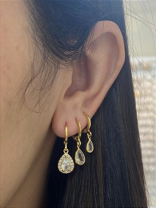 BRINCO TRIO ARGOLAS CLICK PINGENTE GOTA CRAV NO CRISTAL