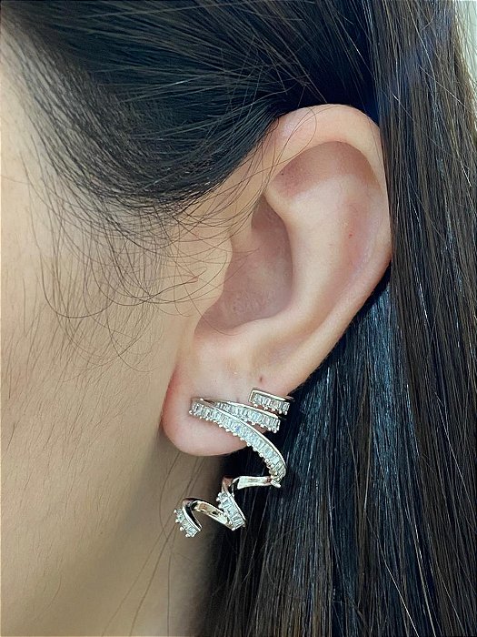 BRINCO EAR CUFF ESPIRAL CRAV ZIRCÔNIAS BAGUETTE RODIO
