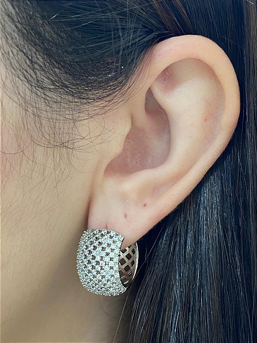 BRINCO ARGOLA BOMBÊ CRAV EM PAVÊ MULTIPLAS ZIRCONIAS RODIO