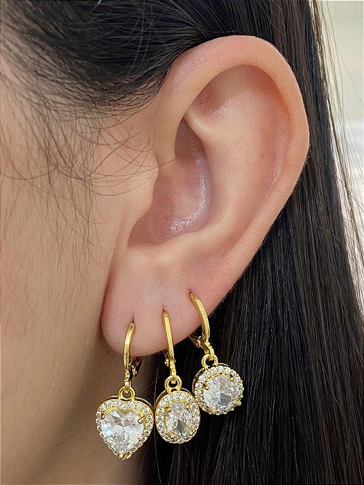 BRINCO TRIO ARGOLA CLICK REDONDO, OVAL E CORAÇÃO CRAV CRISTAL