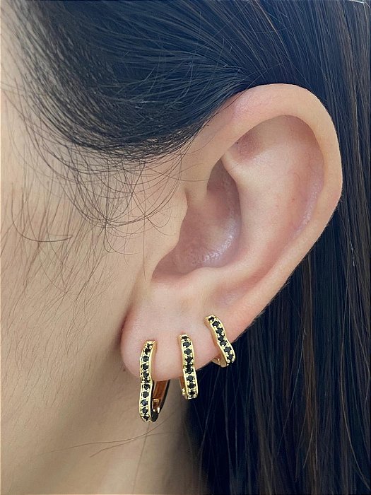 BRINCO TRIO ARGOLA CORAÇÃO CRAV ZIRCÔNIA PRETA